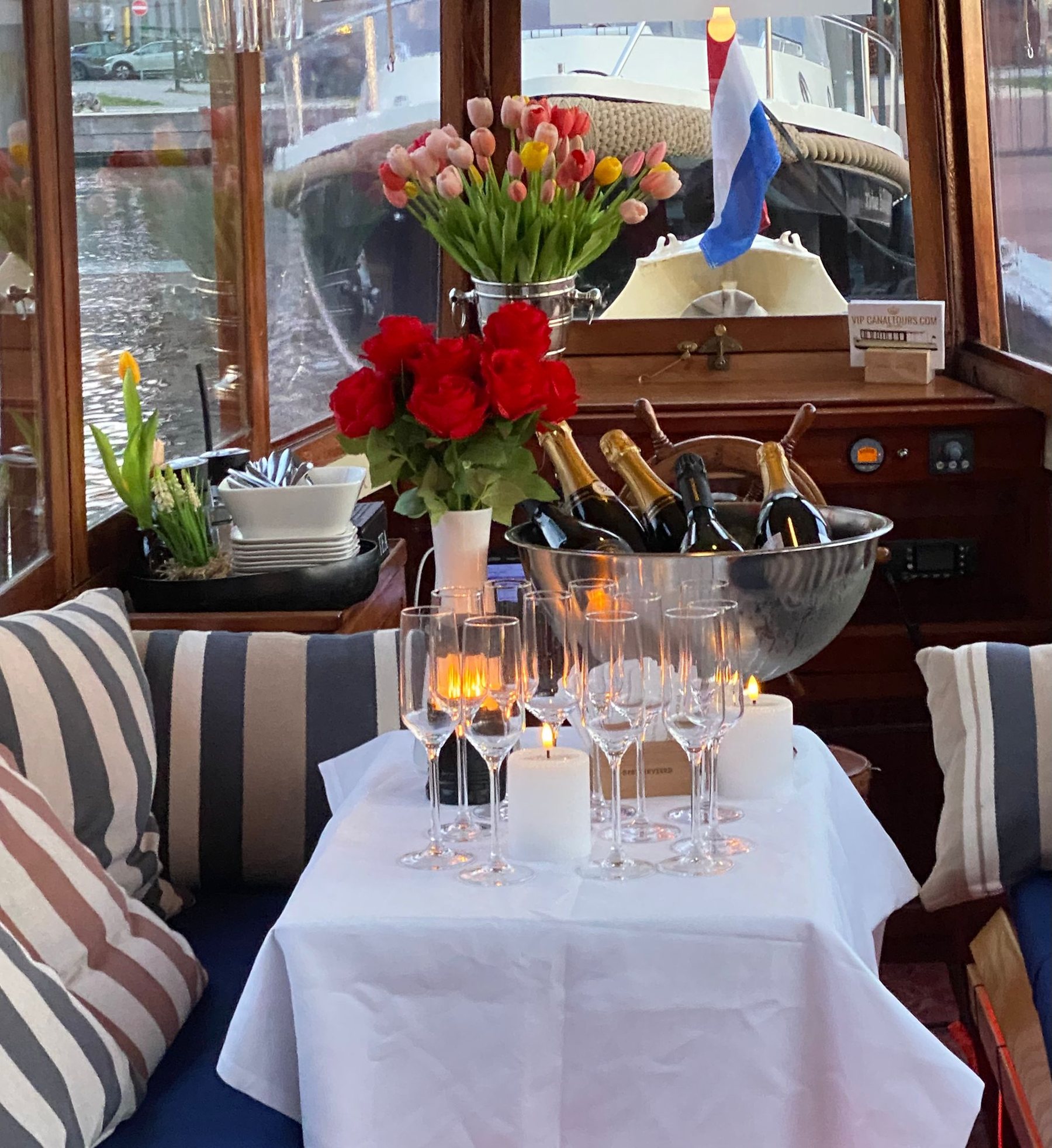 Champagne service aboard VIP Canal Tours in Amsterdam