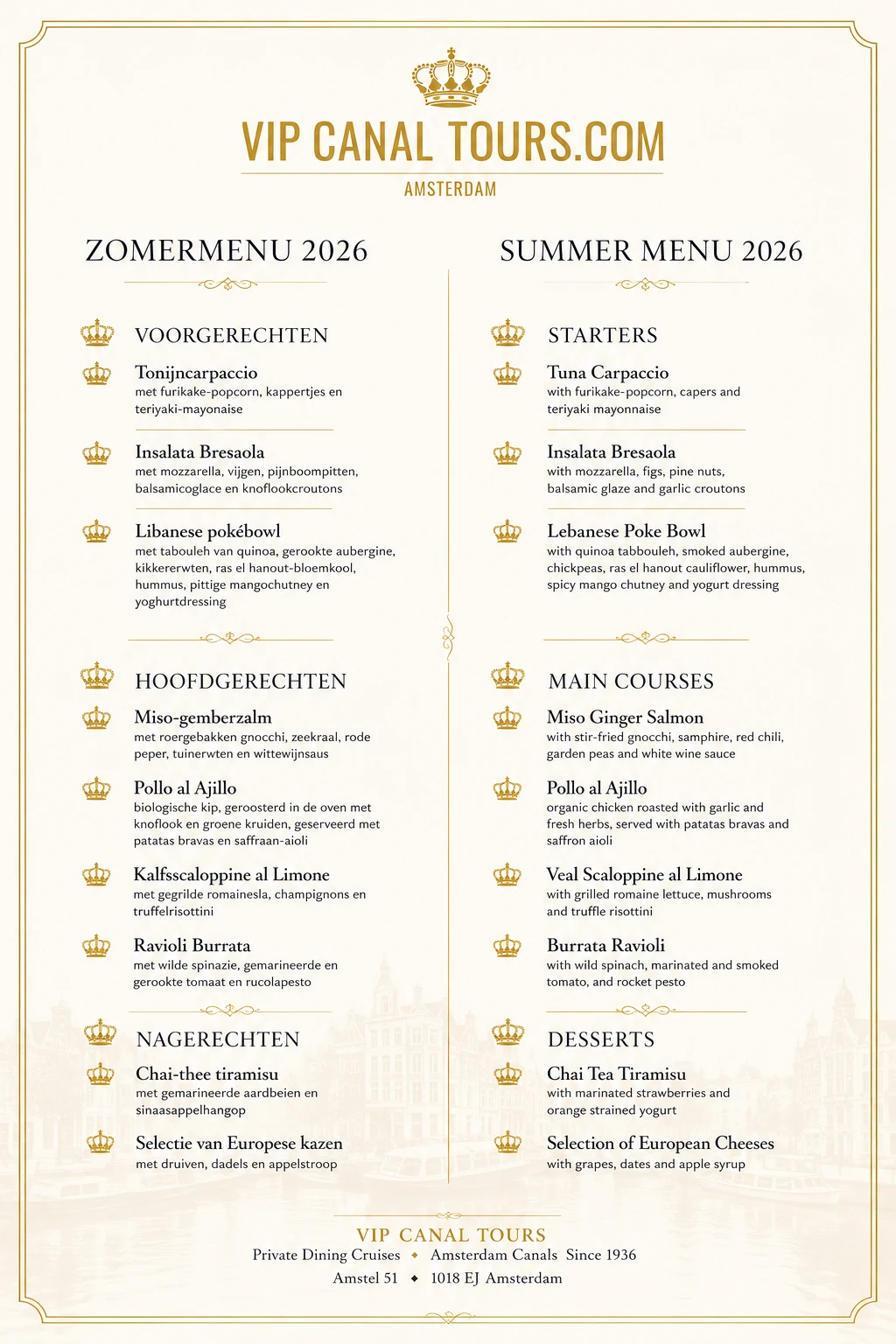 VIP Canal Tours bilingual Summer Menu 2026